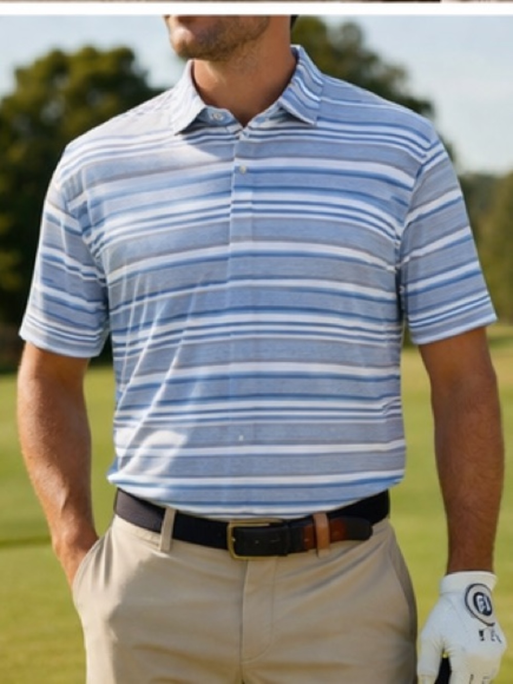 Peter Millar Blue White Striped Polo Shirt Performance Golf L